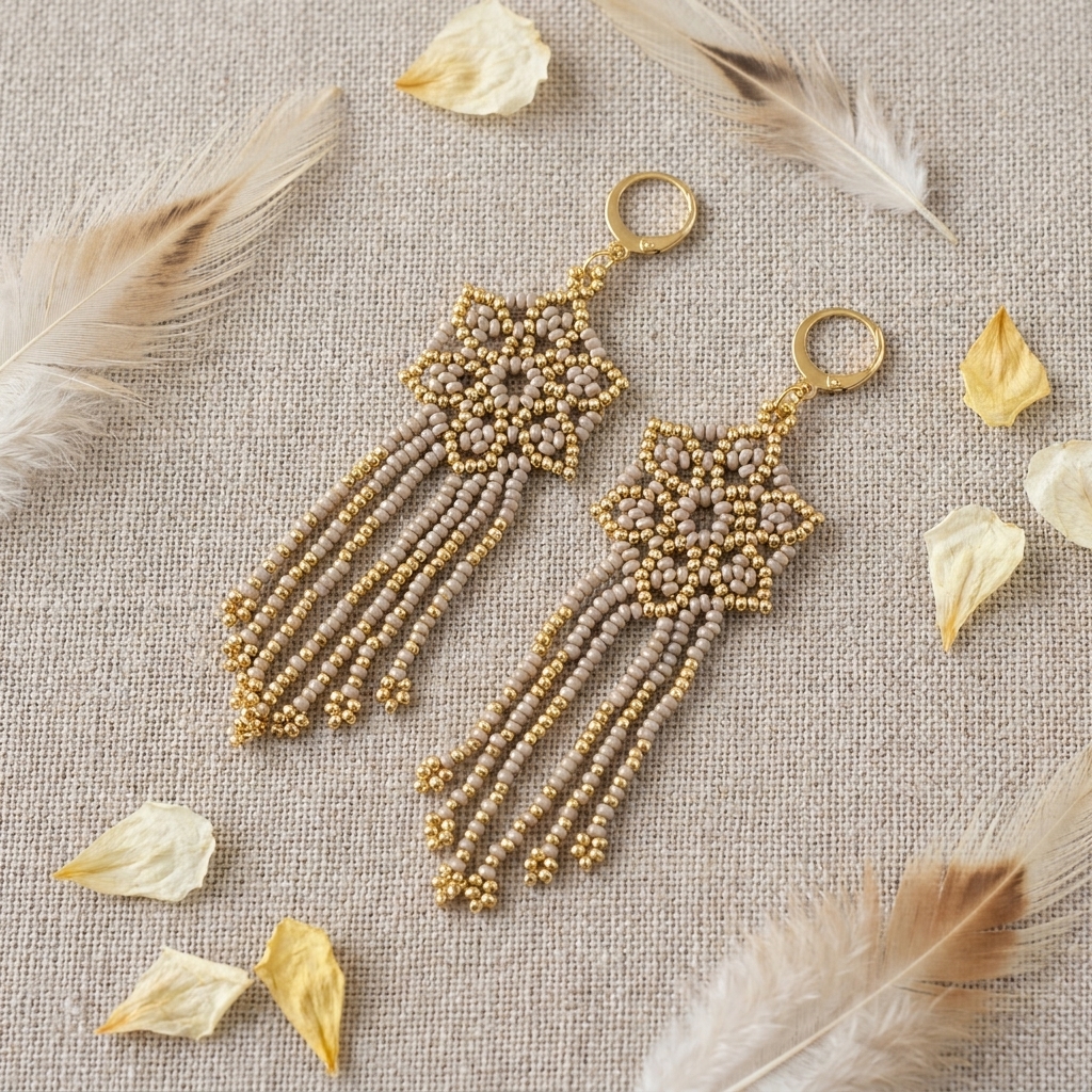 Korálkové Náušnice Elara Beige Gold