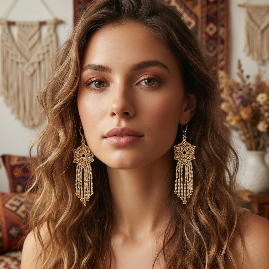 Korálkové Náušnice Elara Beige Gold