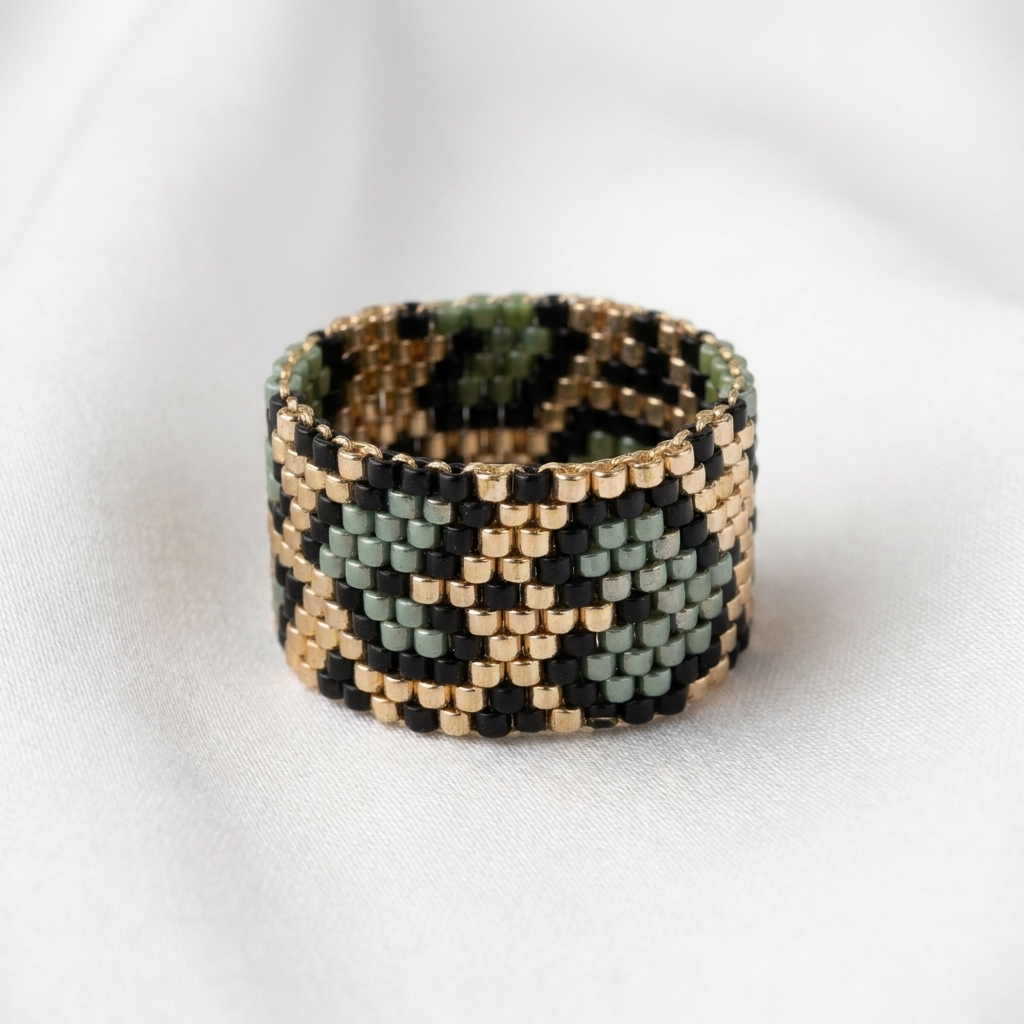 Miyuki Korálkový Prsten Amara Gold Olive Green