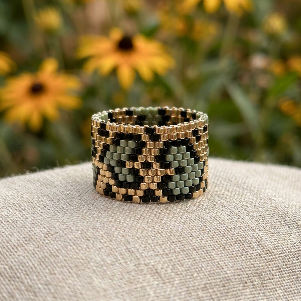 Miyuki Korálkový Prsten Amara Gold Olive Green