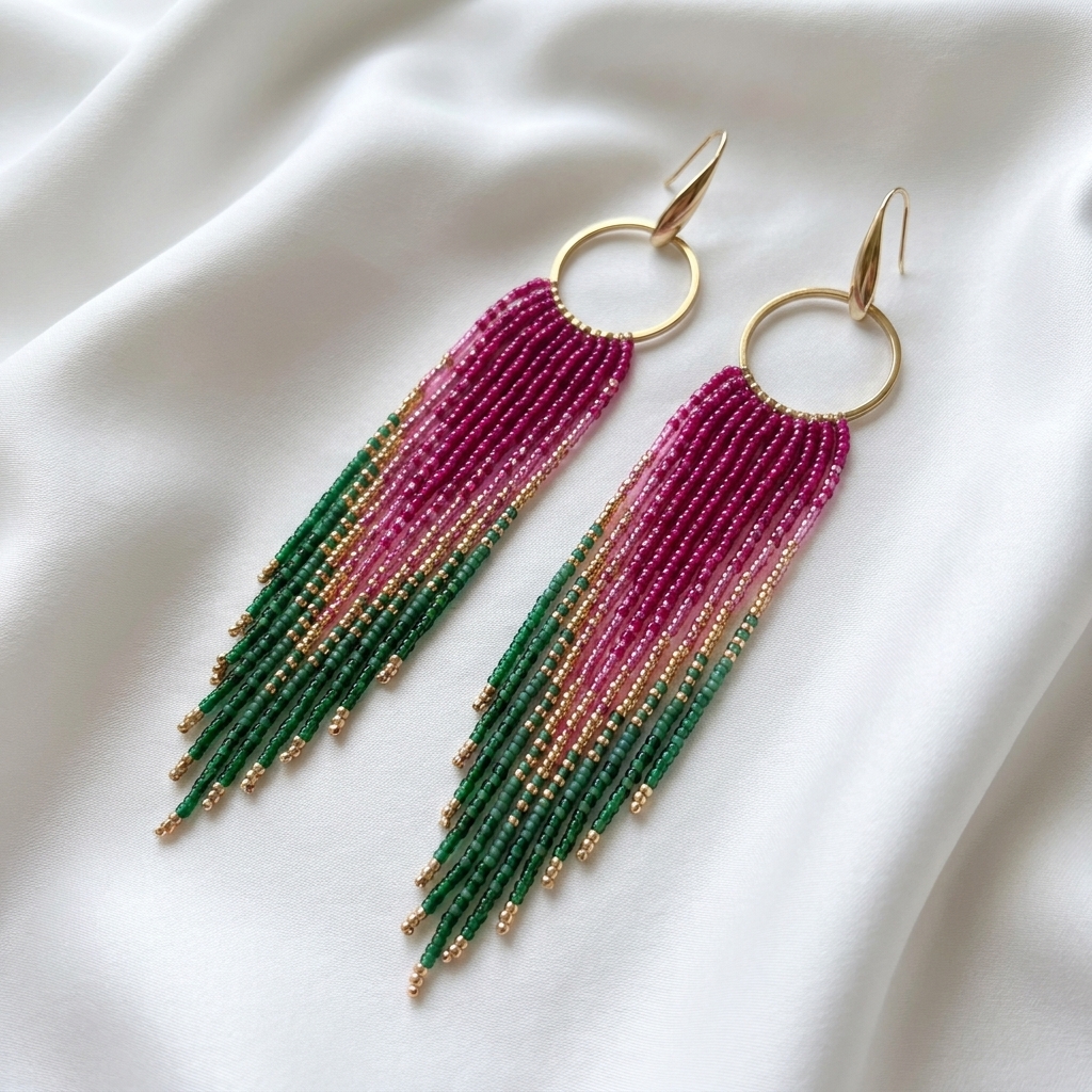 Miyuki Náušnice Fringe Luxe Hoops pink green gold