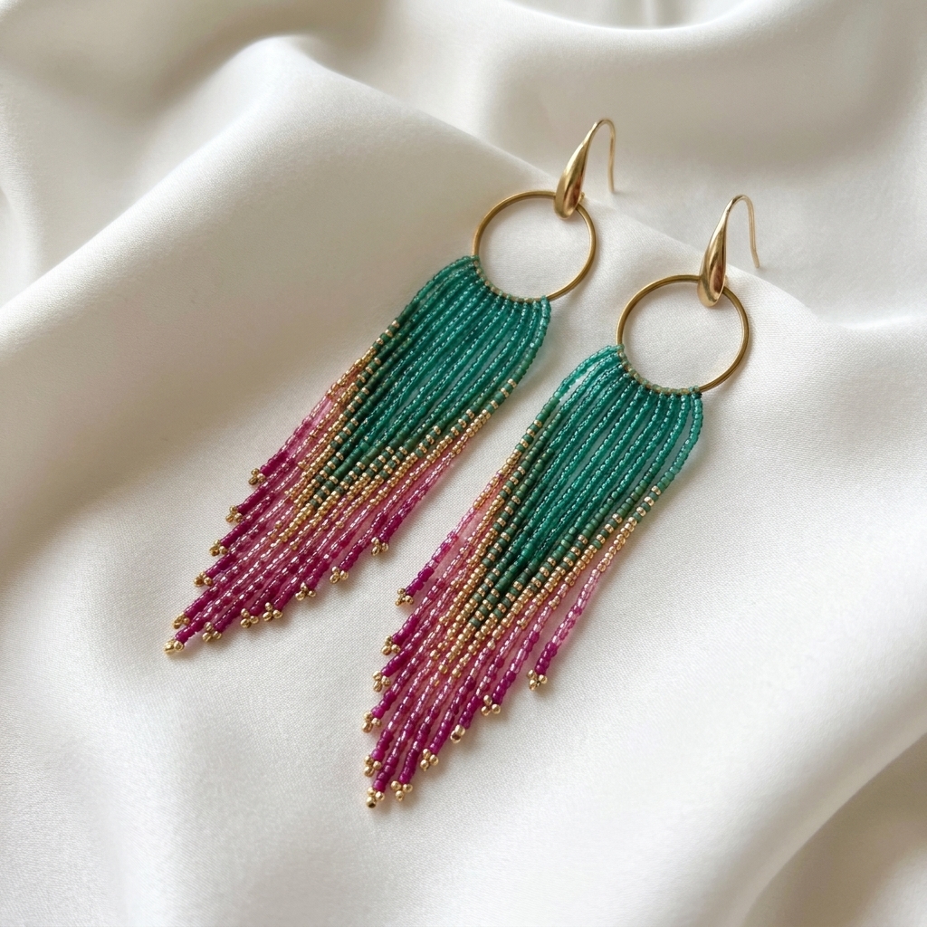 Miyuki Náušnice Fringe Luxe Hoops green pink gold