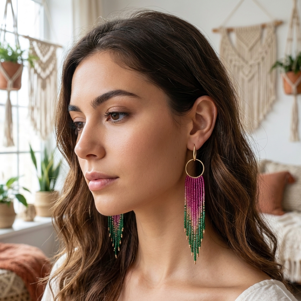 Miyuki Náušnice Fringe Luxe Hoops pink green gold