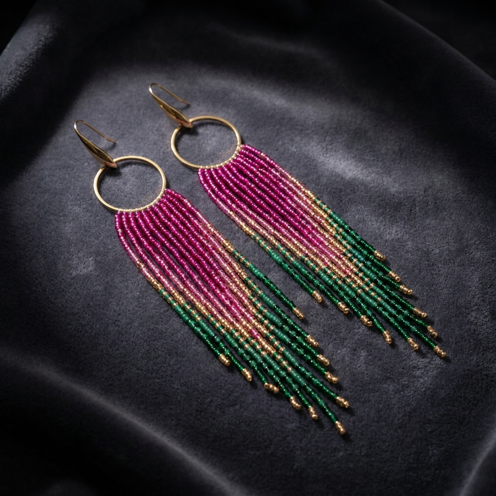 Miyuki Náušnice Fringe Luxe Hoops pink green gold
