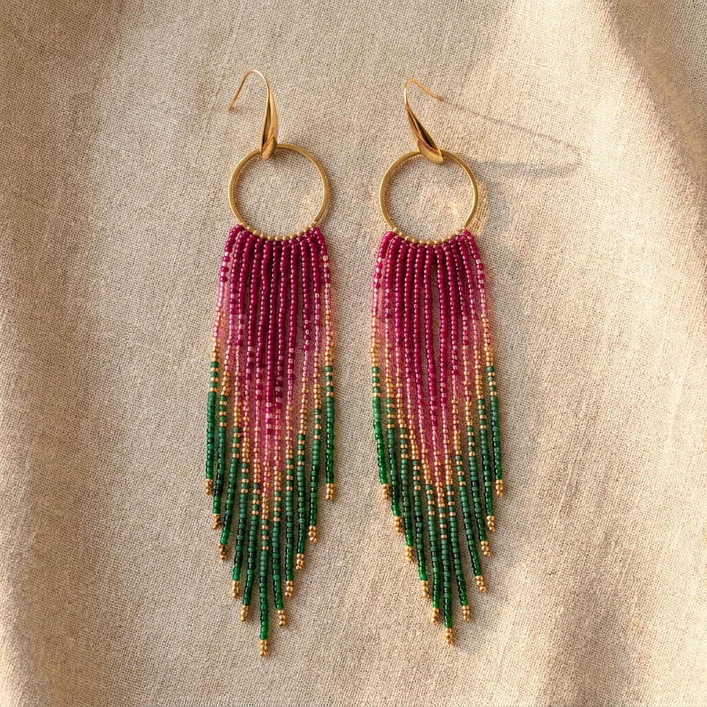 Miyuki Náušnice Fringe Luxe Hoops pink green gold
